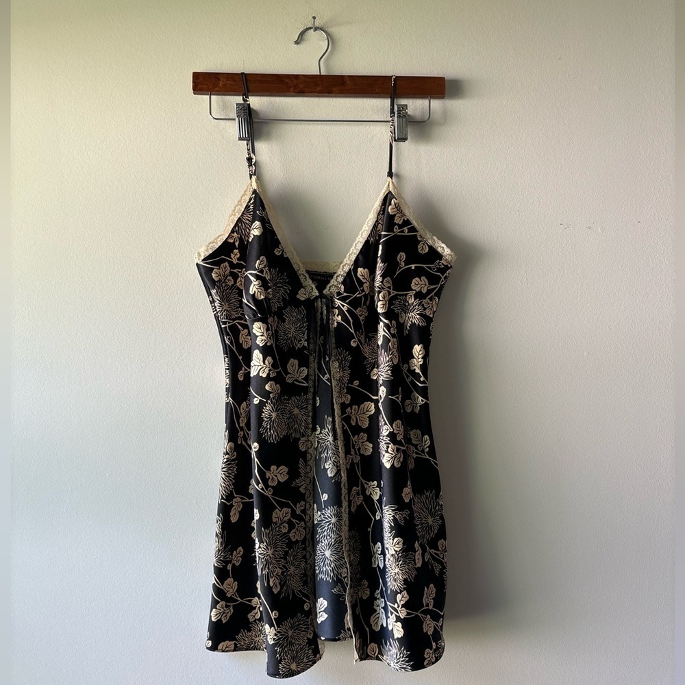 Victoria's Secret Black and Cream Floral Satin Shirt